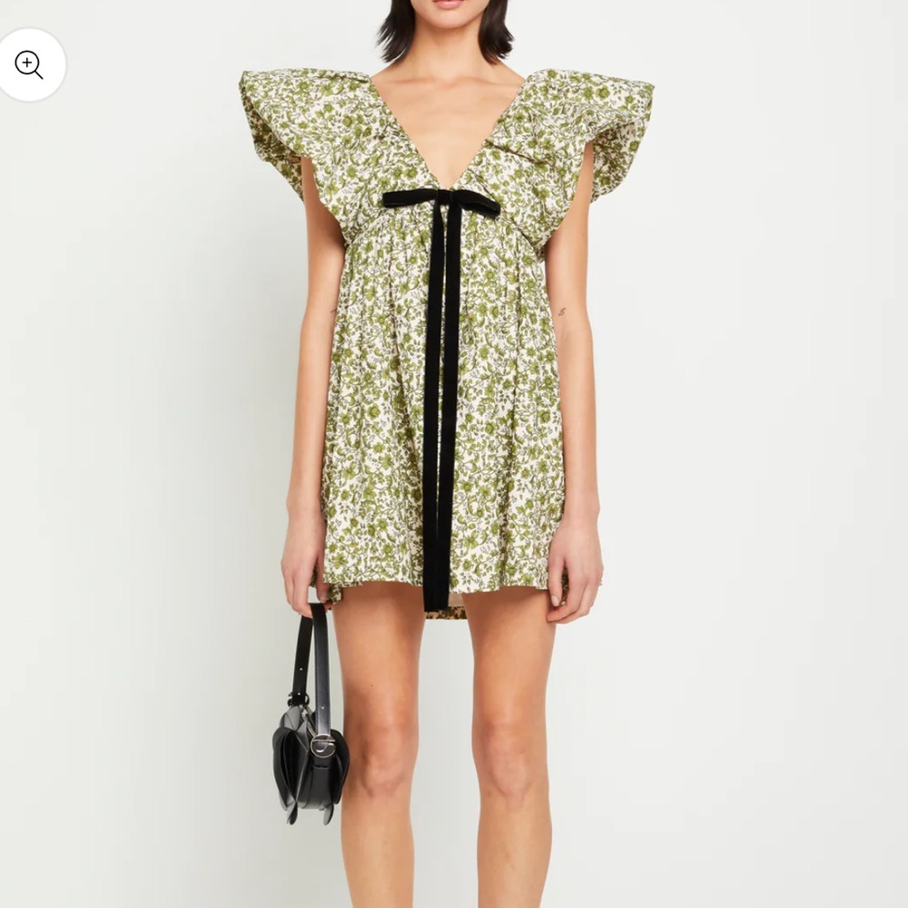 Olive Floral Mini Dress with Black Velvet Tie